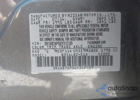 2016 Nissan Sentra S z USA, uszkodzony, nr VIN 3N1AB7AP5GY312109